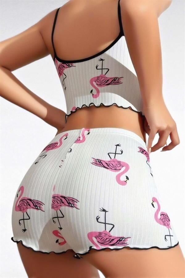 Arias Closet Pamuklu Beyaz Üstüne Pelikan Desen Fitilli Askılı Şortlu Pijama Takımı