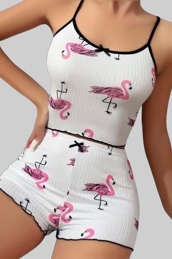 Arias Closet Pamuklu Beyaz Üstüne Pelikan Desen Fitilli Askılı Şortlu Pijama Takımı