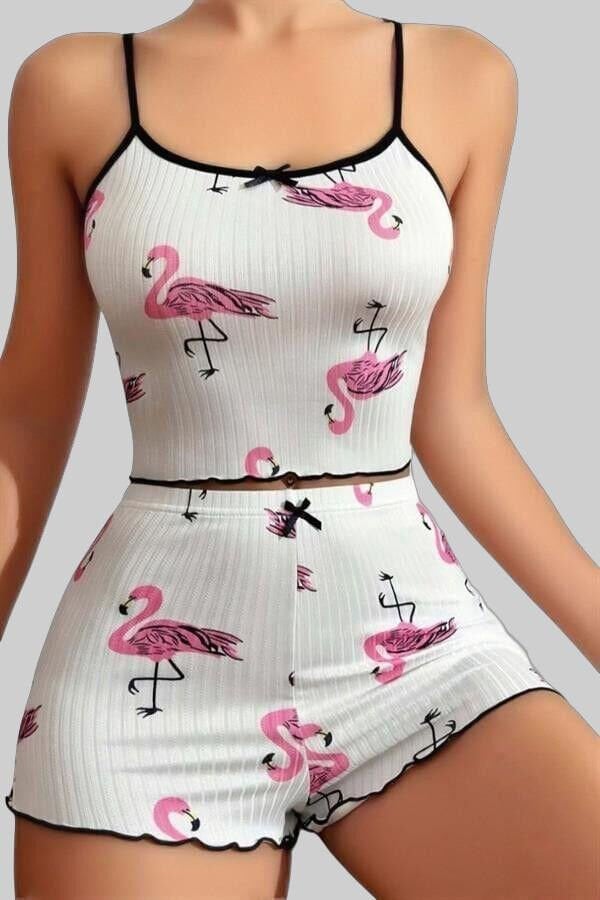 Arias Closet Pamuklu Beyaz Üstüne Pelikan Desen Fitilli Askılı Şortlu Pijama Takımı