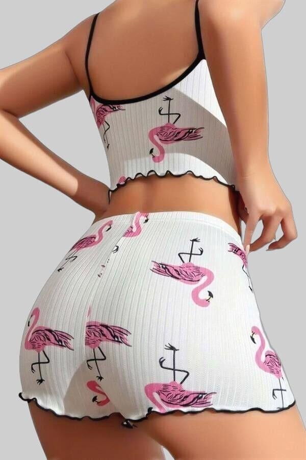 Arias Closet Pamuklu Beyaz Üstüne Pelikan Desen Fitilli Askılı Şortlu Pijama Takımı