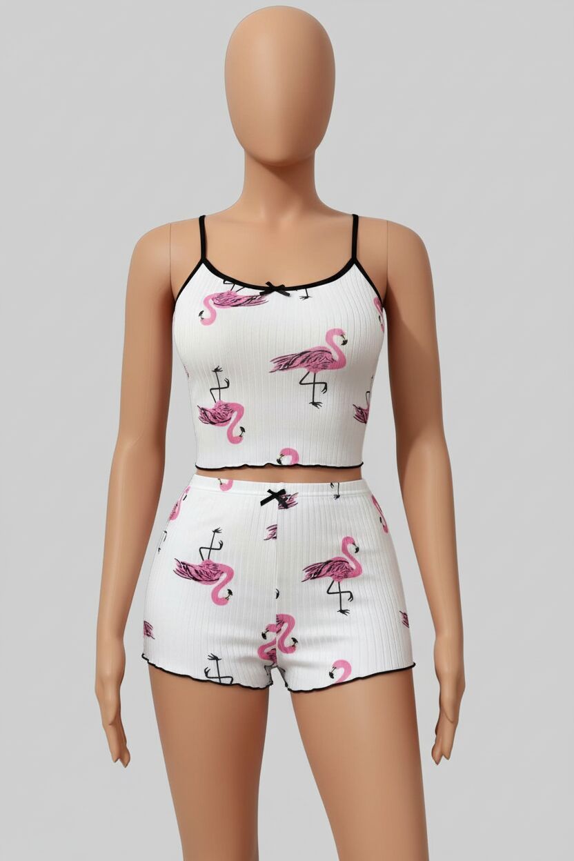 Arias Closet Pamuklu Beyaz Üstüne Pelikan Desen Fitilli Askılı Şortlu Pijama Takımı