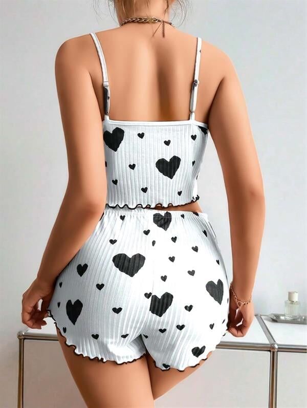 Arias Closet Pamuklu Beyaz Üstüne Siyah Kalp Desen Fitilli Askılı Şortlu Pijama Takımı