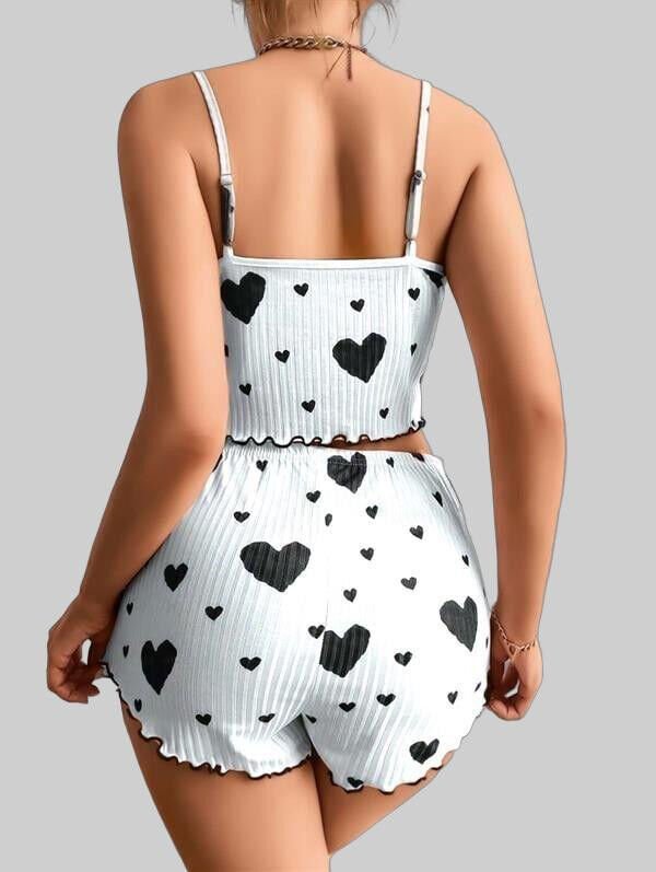 Arias Closet Pamuklu Beyaz Üstüne Siyah Kalp Desen Fitilli Askılı Şortlu Pijama Takımı