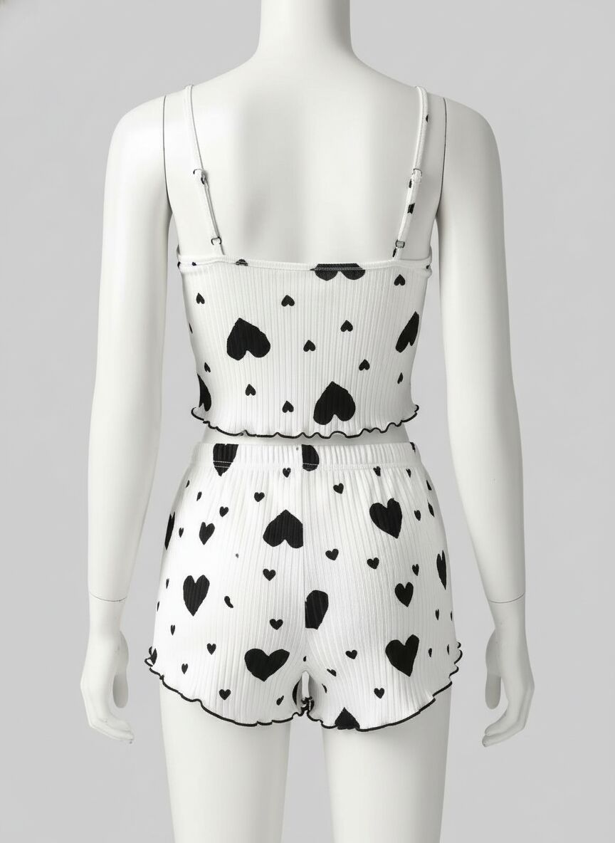 Arias Closet Pamuklu Beyaz Üstüne Siyah Kalp Desen Fitilli Askılı Şortlu Pijama Takımı