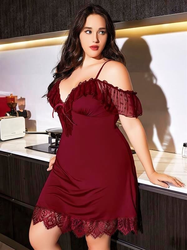 Arias Closet Büyük Beden Bordo Dantel İşlemeli İnce Askılı Gecelik