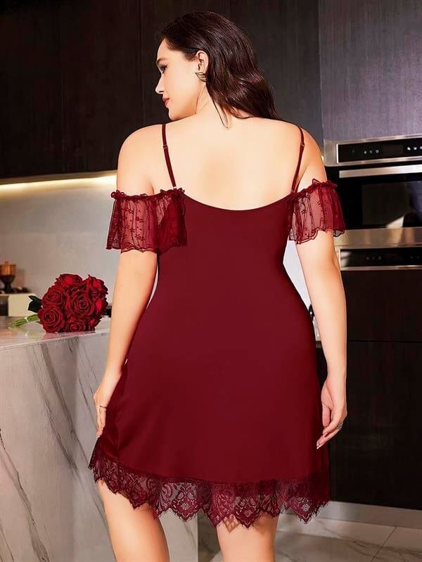 Arias Closet Büyük Beden Bordo Dantel İşlemeli İnce Askılı Gecelik