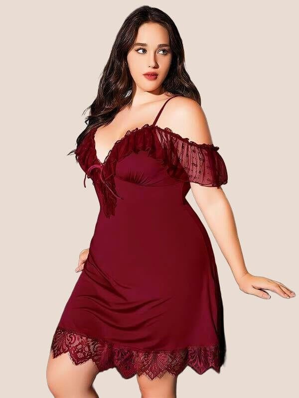 Arias Closet Büyük Beden Bordo Dantel İşlemeli İnce Askılı Gecelik