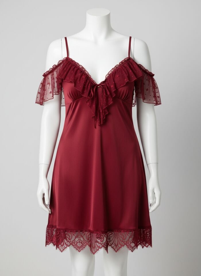 Arias Closet Büyük Beden Bordo Dantel İşlemeli İnce Askılı Gecelik