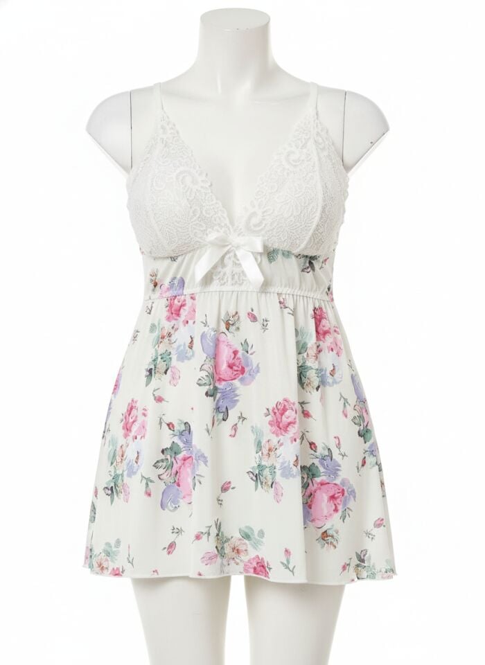 Arias Closet Büyük Beden Beyaz Üstüne Çiçek Desenli Dantel İşlemeli İnce Askılı Gecelik