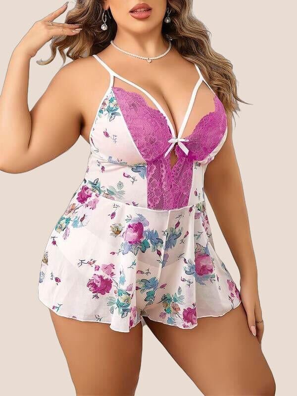 Arias Closet Büyük Beden Beyaz Üstüne Mor Çiçek Desenli Dantel İşlemeli İnce Askılı Şort Gecelik