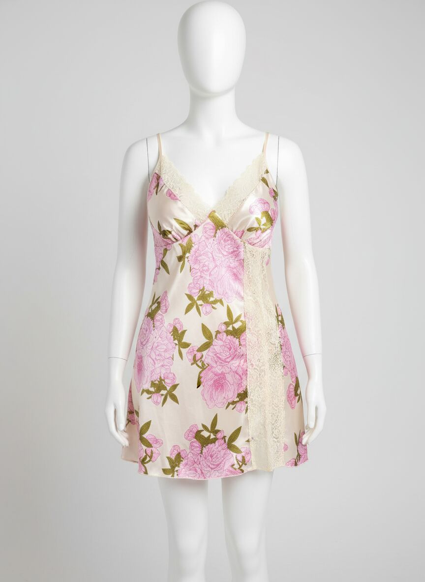 Büyük Beden Saten Çiçek Desenli Dantel İşlemeli Yırtmaçlı İnce Askılı Gecelik