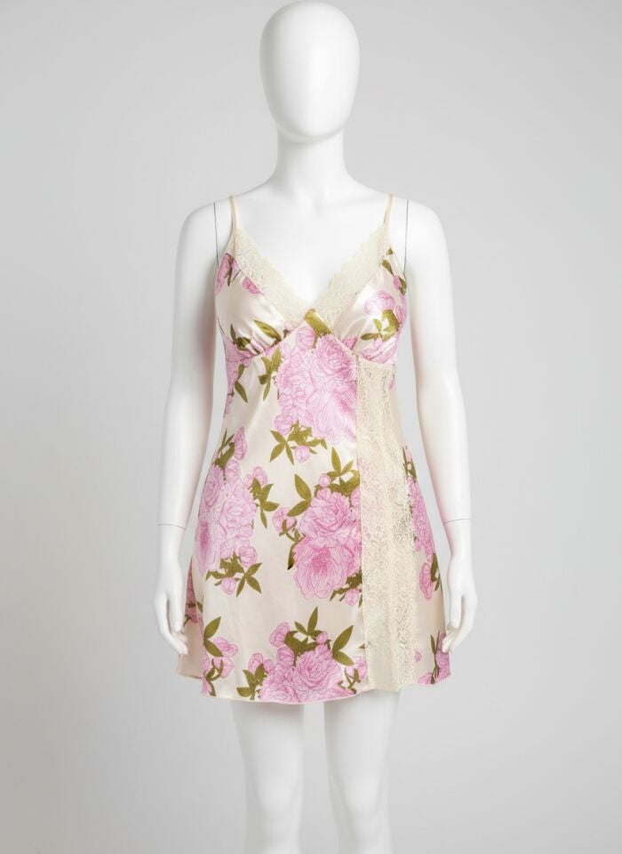 Arias Closet Büyük Beden Saten Çiçek Desenli Dantel İşlemeli Yırtmaçlı İnce Askılı Gecelik