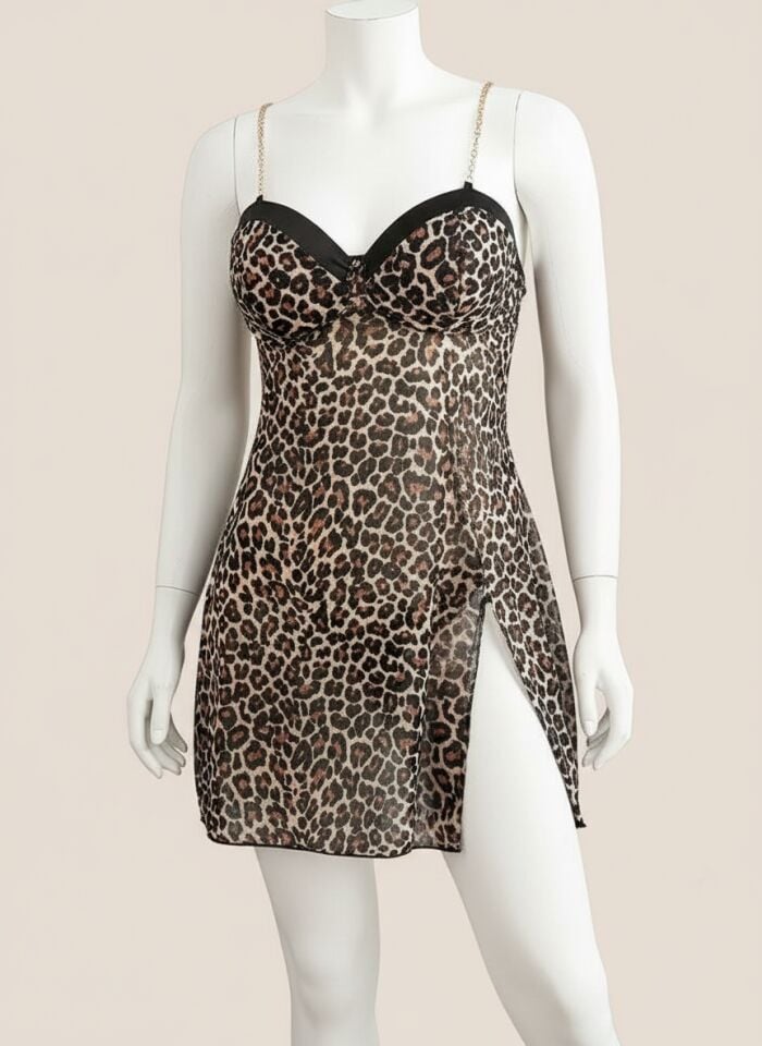 Arias Closet Büyük Beden Leopar Desenli Yırtmaçlı Zincir Askılı Gecelik