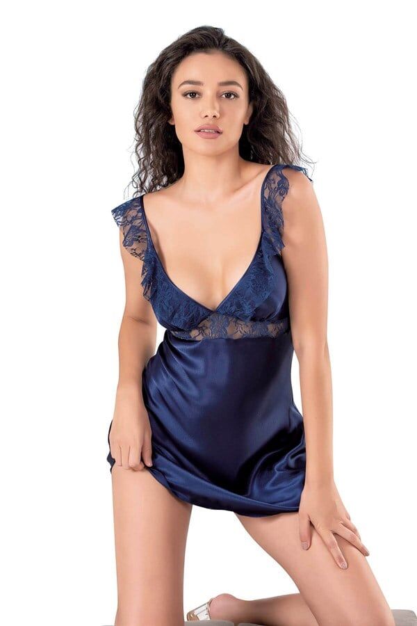 Arias Closet Lacivert Kısa Saten Gecelik
