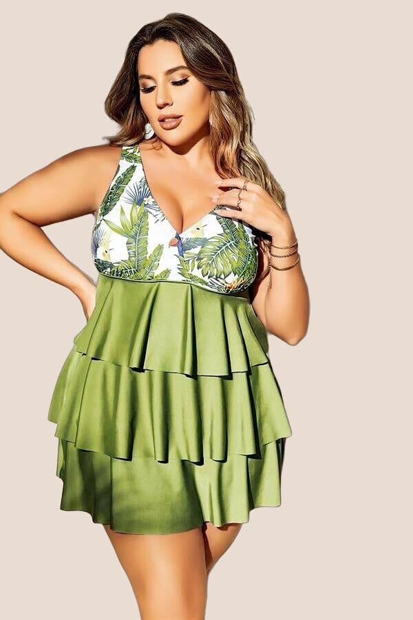 Arias Closet Büyük Beden Yeşil Fırfırlı Yaprak Desenli Kalın Askılı Gecelik