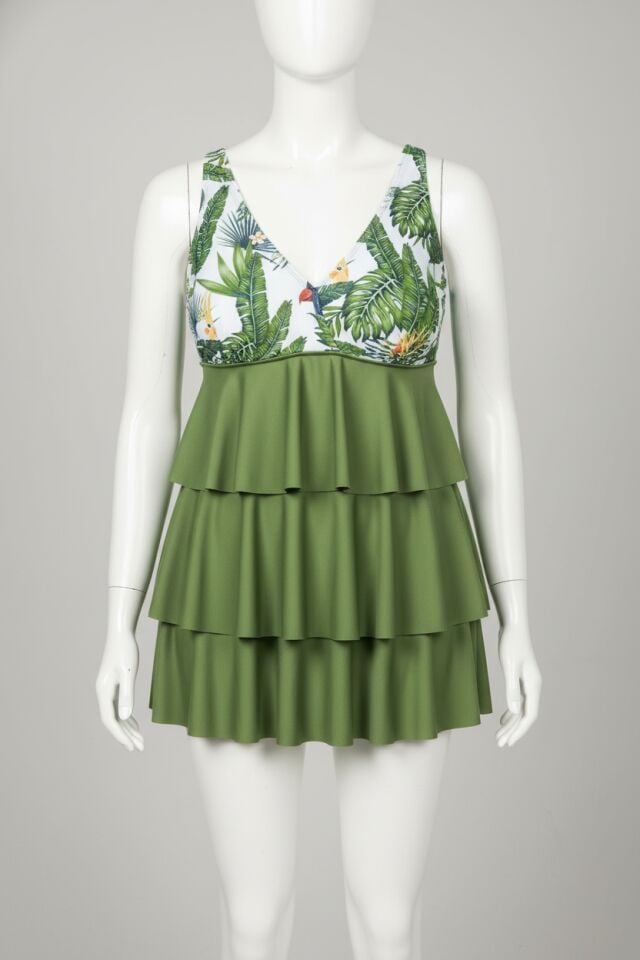 Arias Closet Büyük Beden Yeşil Fırfırlı Yaprak Desenli Kalın Askılı Gecelik