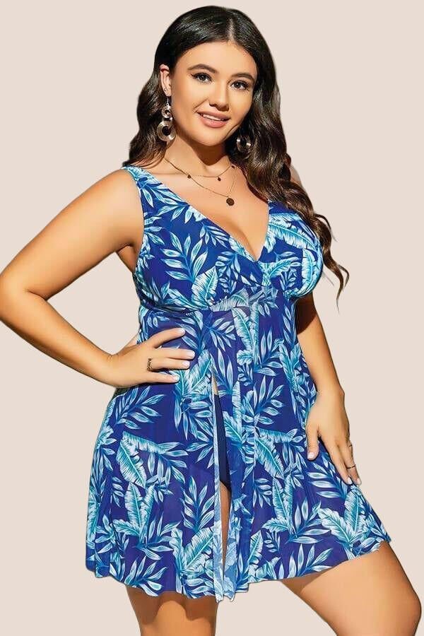 Büyük Beden Mavi Üstüne Yaprak Desenli Yırtmaçlı Gecelik