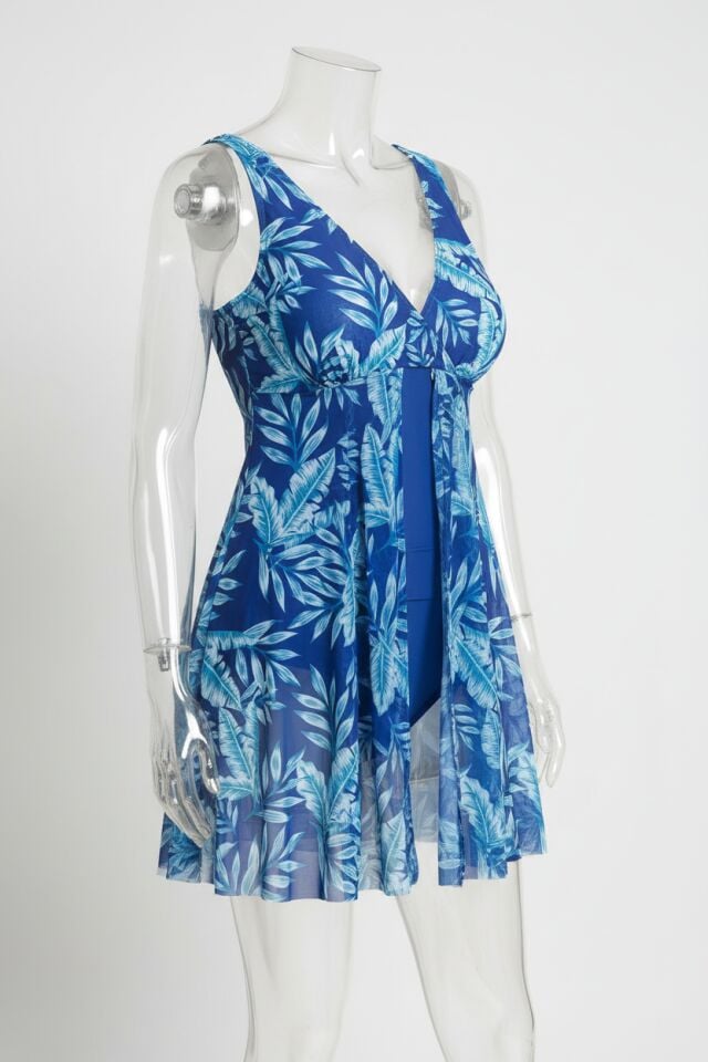 Arias Closet Büyük Beden Mavi Üstüne Yaprak Desenli Yırtmaçlı Gecelik