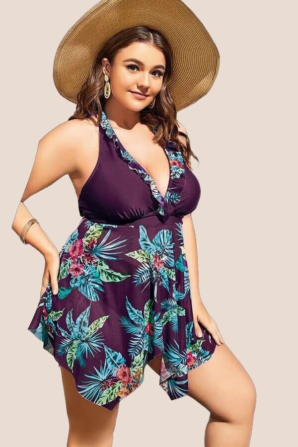 Büyük Beden Mor Üstüne Çiçek Desenli Boyundan Bağlamalı Elbise
