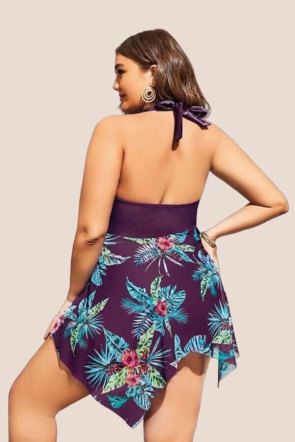 Büyük Beden Mor Üstüne Çiçek Desenli Boyundan Bağlamalı Elbise