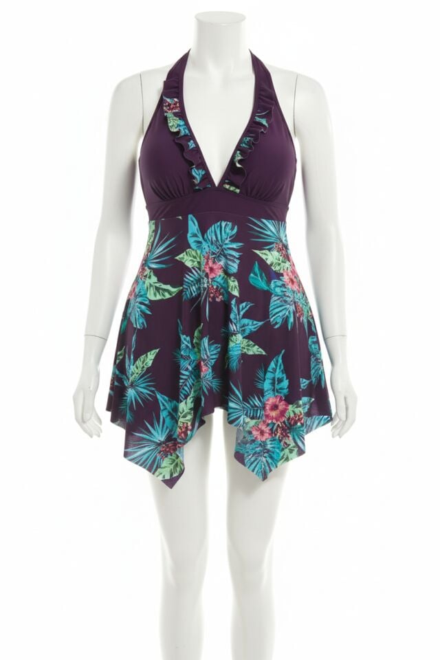 Arias Closet Büyük Beden Mor Üstüne Çiçek Desenli Boyundan Bağlamalı Elbise