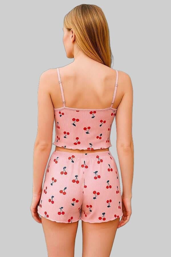 Pembe Kiraz Desenli Kurdelalı Askılı Şortlu Pijama Takımı