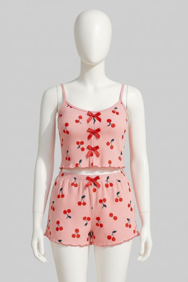Arias Closet Pembe Kiraz Desenli Kurdelalı Askılı Şortlu Pijama Takımı