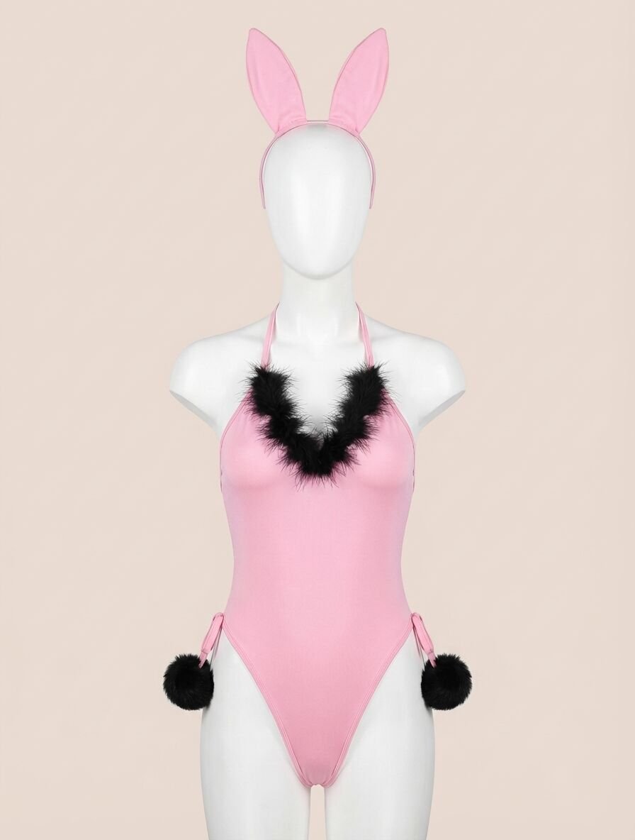 Pembe Siyah Ponponlu Fantezi Tavşan Kostümü