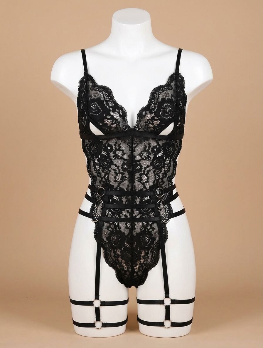 Sİyah Dantel İşlemeli Fantezi Body Jartiyer Takımı