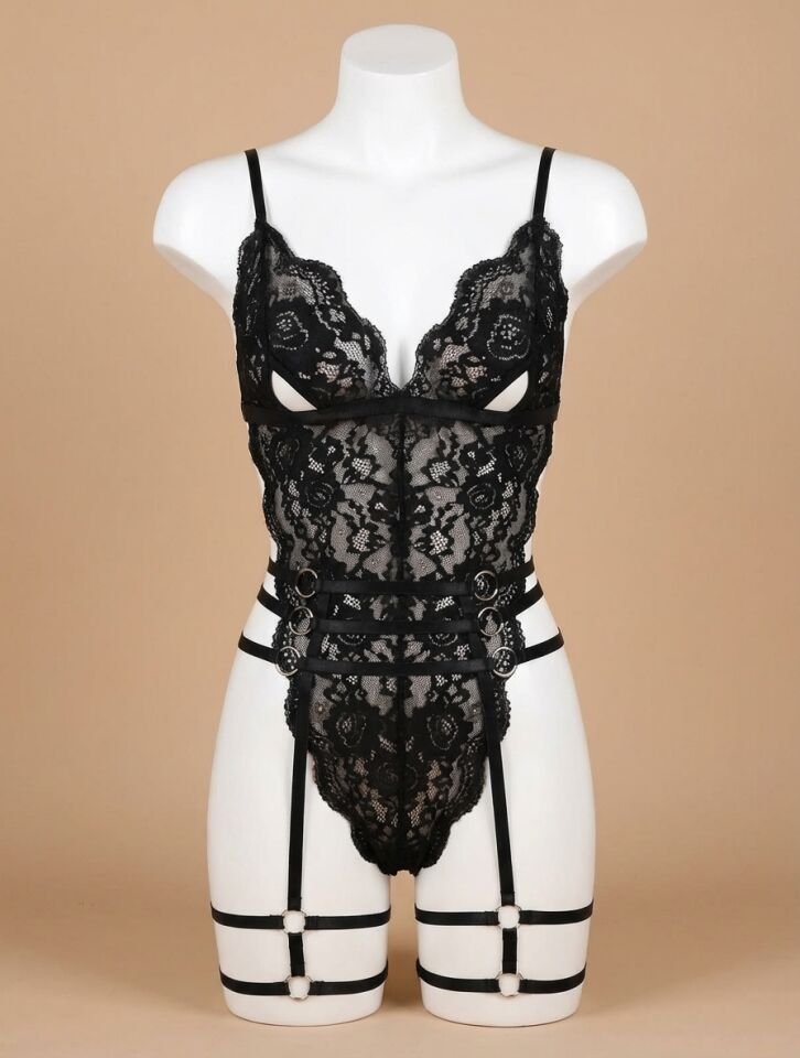 Sİyah Dantel İşlemeli Fantezi Body Jartiyer Takımı