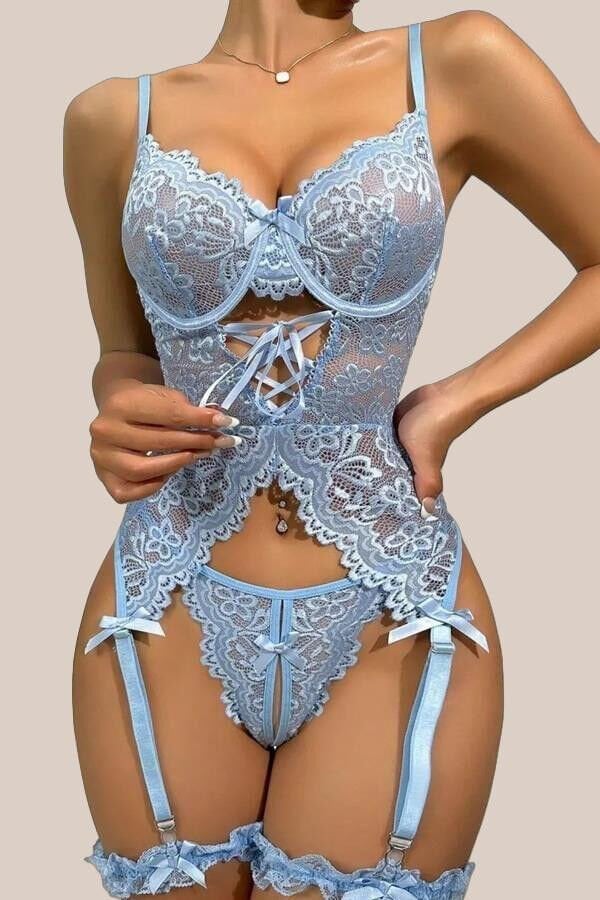 Arias Closet Özel Tasarım Dantelli Fantezi Mavi Jartiyer Takımı