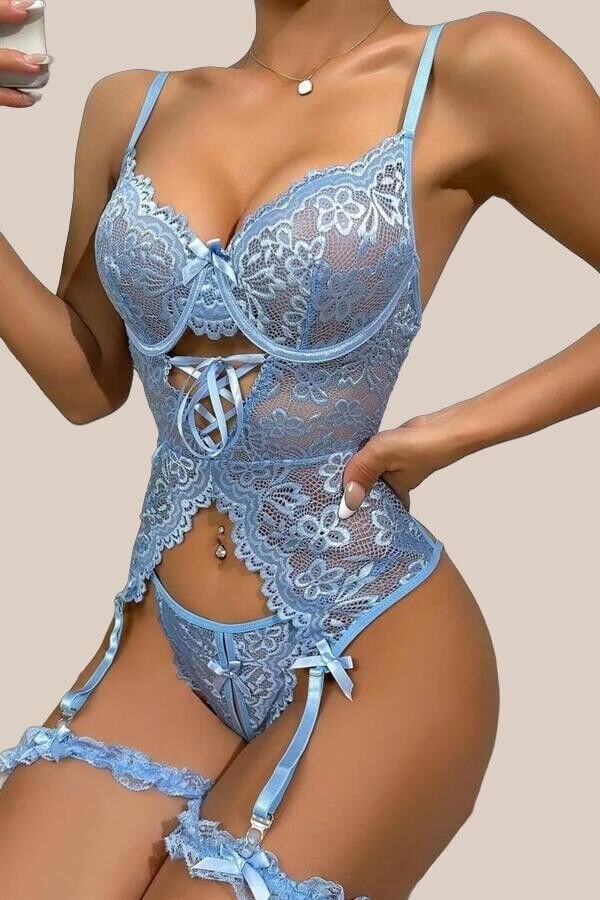 Arias Closet Özel Tasarım Dantelli Fantezi Mavi Jartiyer Takımı