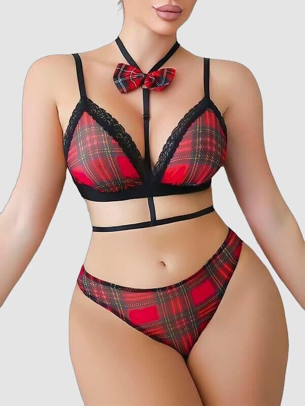 Arias Closet Ekoseli Dantel İşlemeli Papyon Detaylı Fantezi Sütyen Strıng Takımı