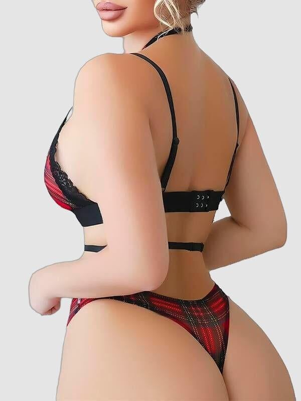 Arias Closet Ekoseli Dantel İşlemeli Papyon Detaylı Fantezi Sütyen Strıng Takımı