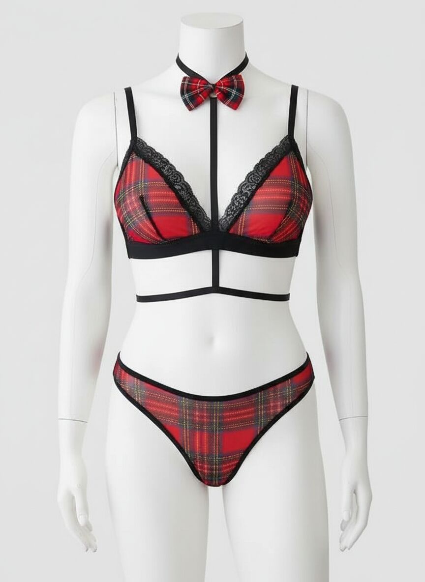 Arias Closet Ekoseli Dantel İşlemeli Papyon Detaylı Fantezi Sütyen Strıng Takımı