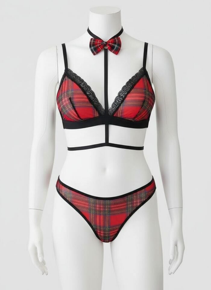 Arias Closet Ekoseli Dantel İşlemeli Papyon Detaylı Fantezi Sütyen Strıng Takımı