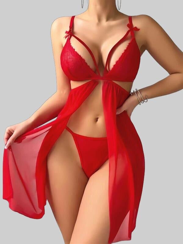 Kırmızı Göğüs İp Detaylı Dantel İşlemeli Tül Gecelik