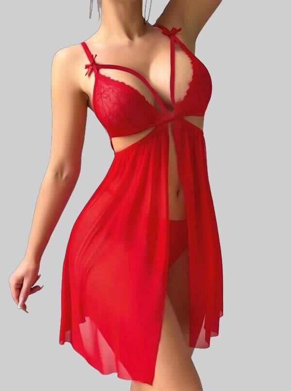 Kırmızı Göğüs İp Detaylı Dantel İşlemeli Tül Gecelik