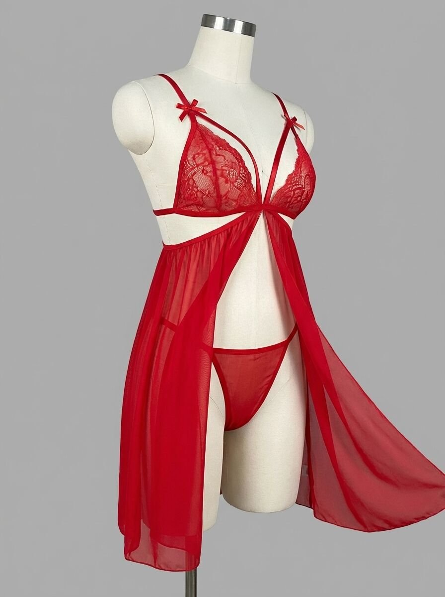 Kırmızı Göğüs İp Detaylı Dantel İşlemeli Tül Gecelik