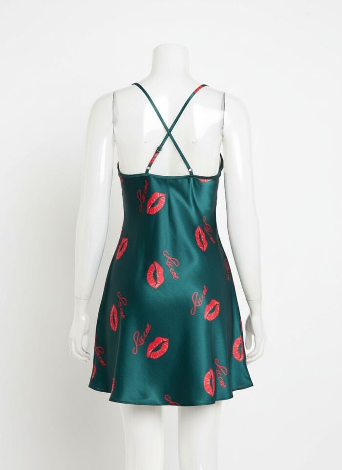 Arias Closet Yeşil İnce Askılı Dudak Desenli Saten Mini Gecelik