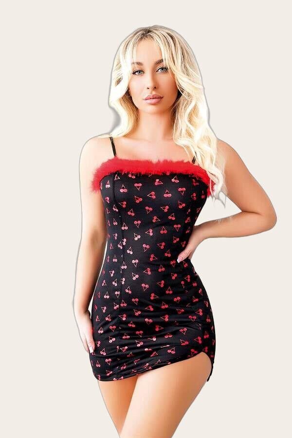 Kiraz Desenli Peluş Detaylı Mini Fantezi Gecelik