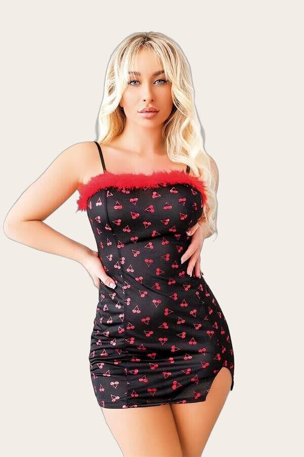 Kiraz Desenli Peluş Detaylı Mini Fantezi Gecelik