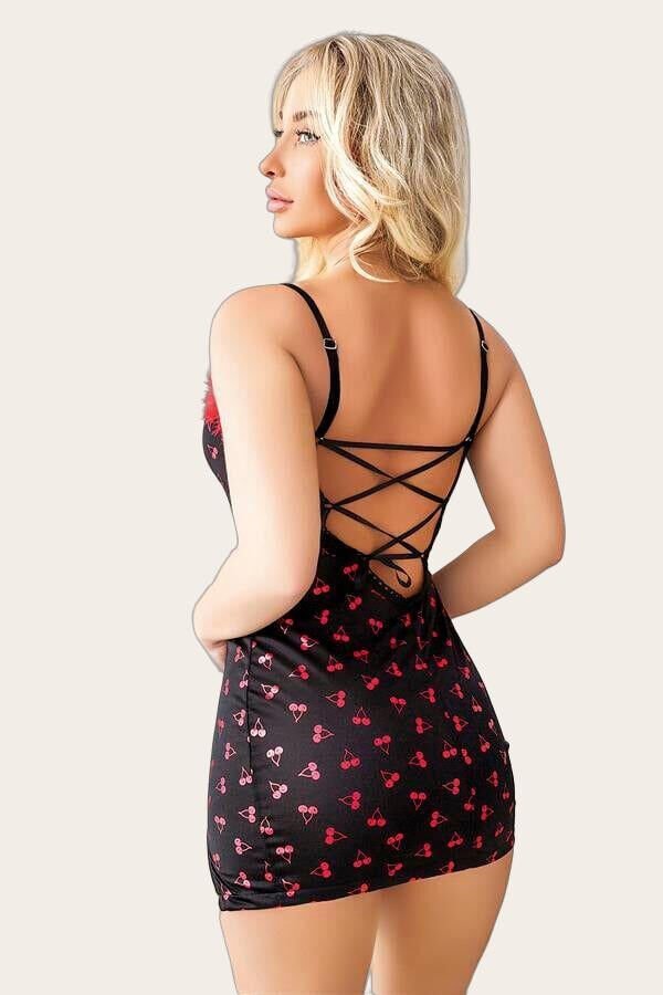 Arias Closet Kiraz Desenli Peluş Detaylı Mini Fantezi Gecelik