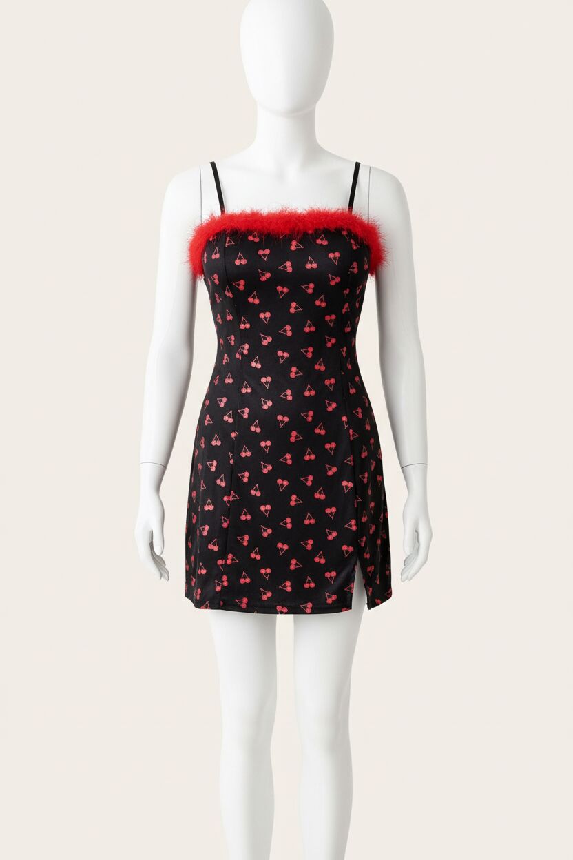 Arias Closet Kiraz Desenli Peluş Detaylı Mini Fantezi Gecelik