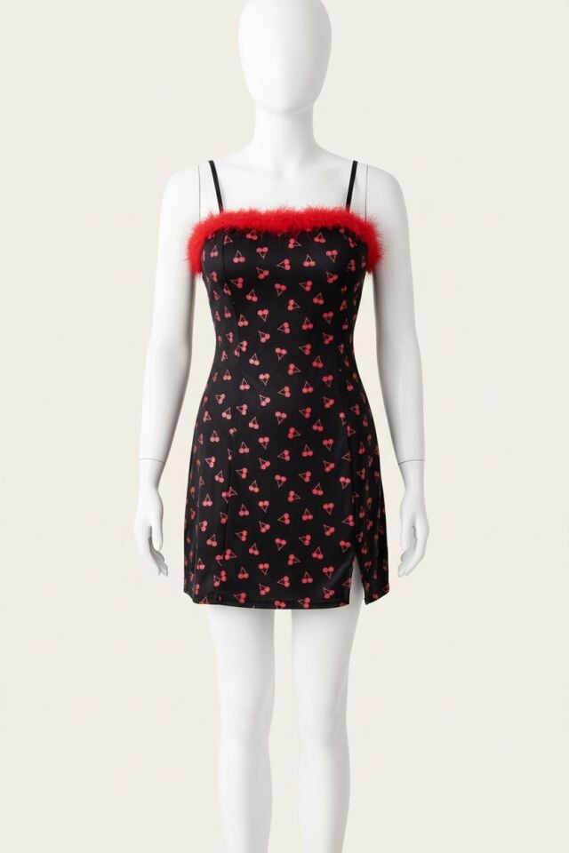 Arias Closet Kiraz Desenli Peluş Detaylı Mini Fantezi Gecelik