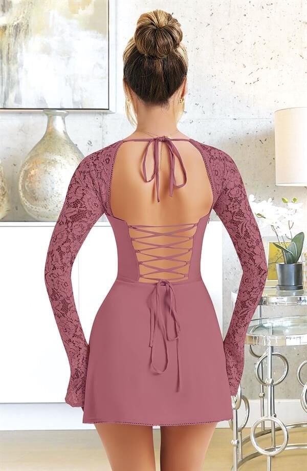 Arias Closet Özel Tasarım Dantel İşlemeli Şık Uzun Bolerolu Fuşya Fantezi Mini Club Elbisesi