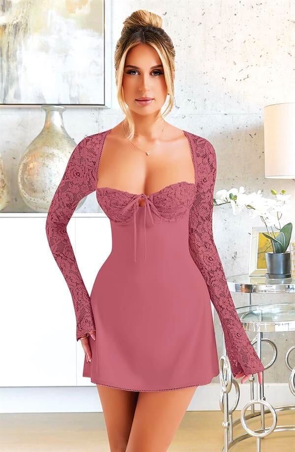 Arias Closet Özel Tasarım Dantel İşlemeli Şık Uzun Bolerolu Fuşya Fantezi Mini Club Elbisesi