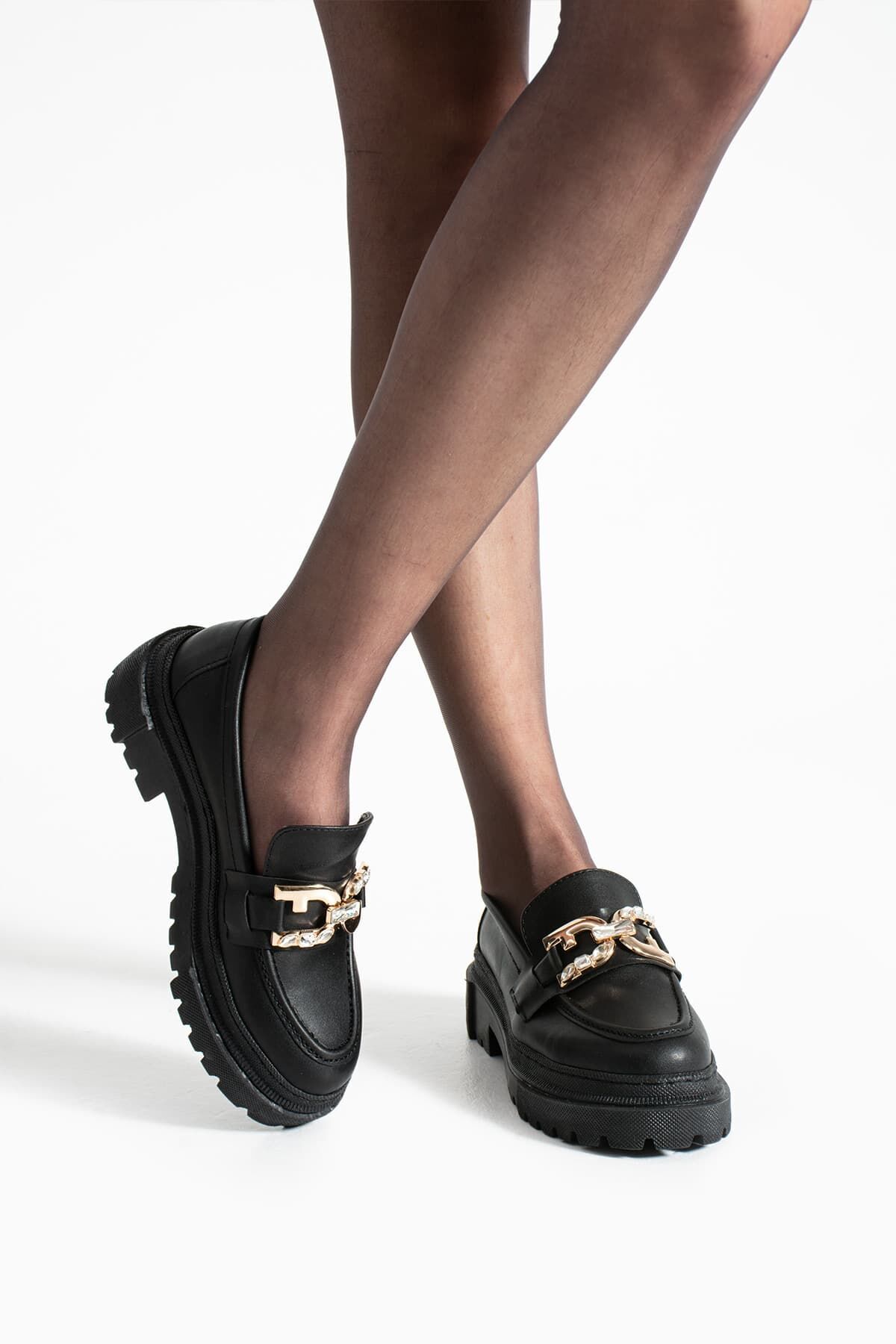 Loafer Günlük Kadın Siyah Taş Detaylı Rahat Ayakkabı