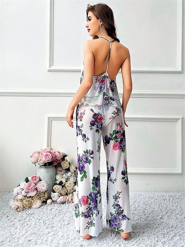 Arias Closet Özel Tasarım Çiçek Desenli Salaş Kesim Şık Sırt Dekolteli 2'li Takım