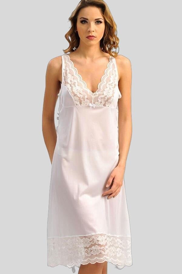 Kadın Polyamid Kumaşlı Dantelli Geniş Askılı Diz Altı Kombinezon